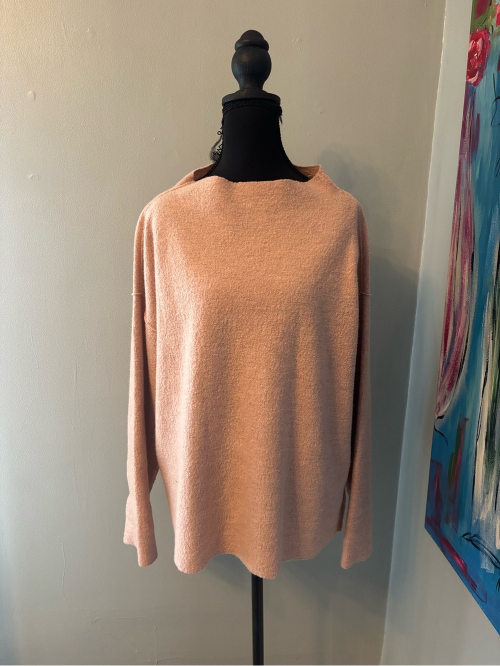 Eileen fisher lightweight boiled funnel boxy neck sweater pink 100% wool S